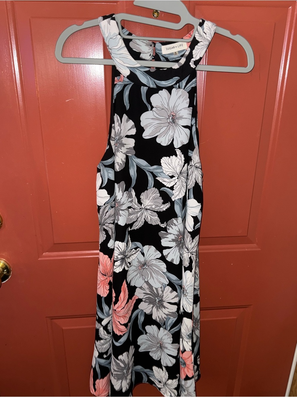 Sugarlips Black Floral Tank Dress with White, Gray, and Coral Accents